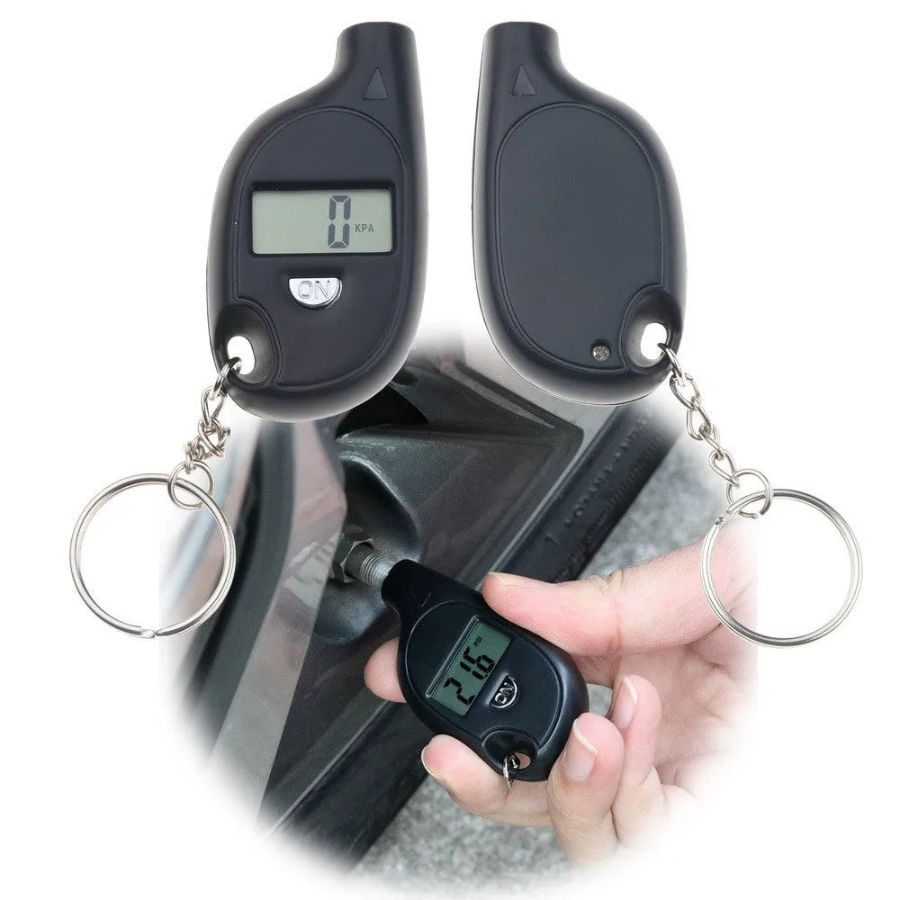 Black ABS keychain tire pressure gauge with LCD screen on keyring