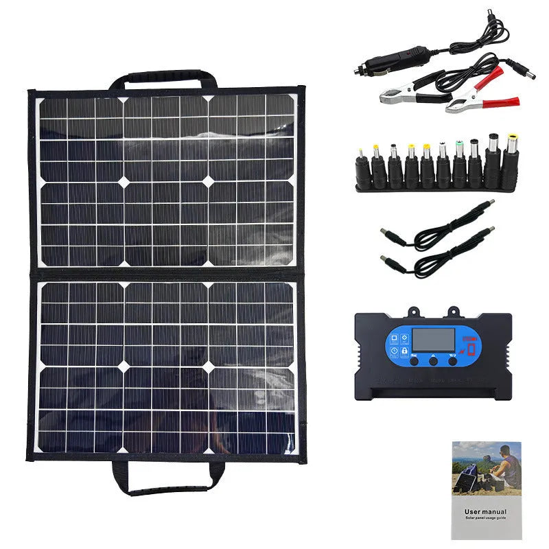Black 40W single crystal folding solar panel bag shown folded to compact size