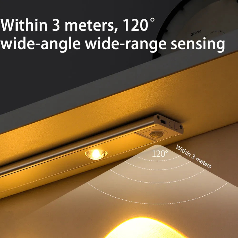 Silver ultra-thin LED light strip with motion sensor mounted inside a wooden wardrobe.