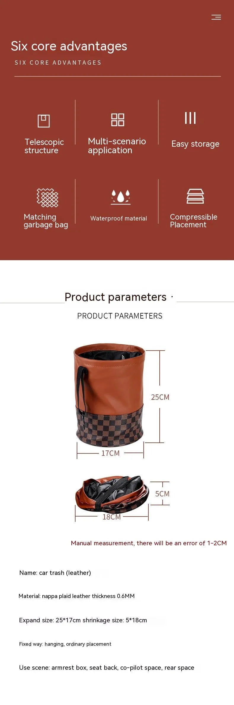 Leather retractable car trash can shown in product picture with foldable design