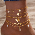 Set of four alloy anklets with butterfly, pearl, and heart designs on a white background.