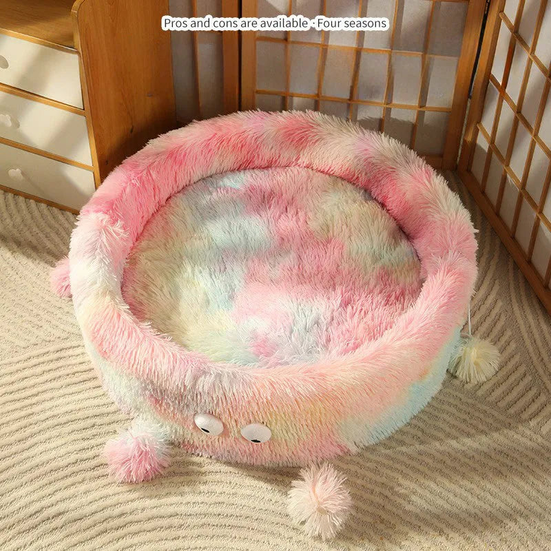 Round plush cat bed with cute small monster face pattern in green colour suitable for dogs and cats