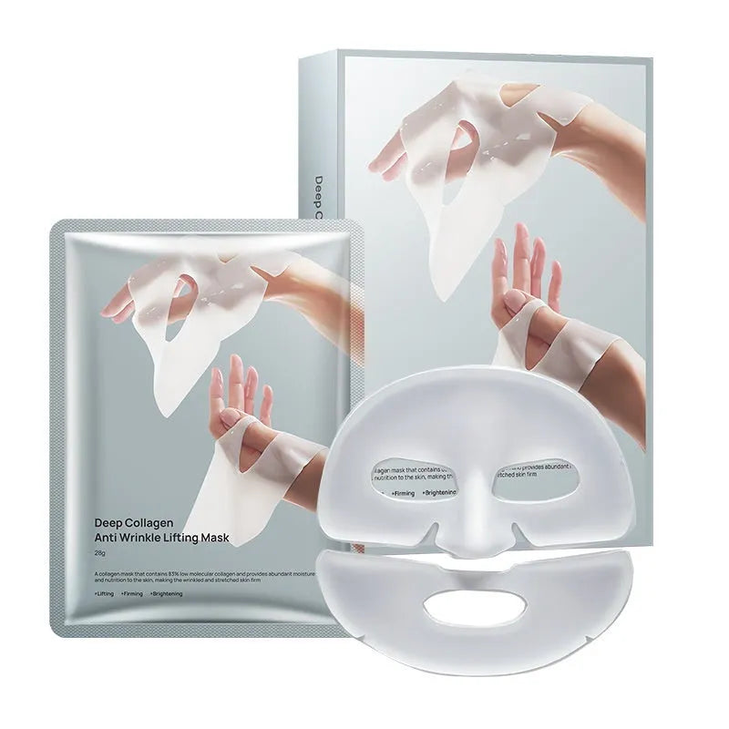 Single 28ml collagen anti-wrinkle moisturising facial sheet mask on white background.