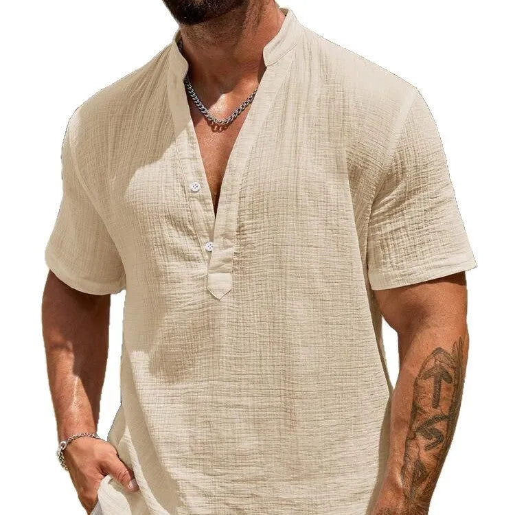 Men's solid colour short-sleeve shirt with a stand collar on a hanger.
