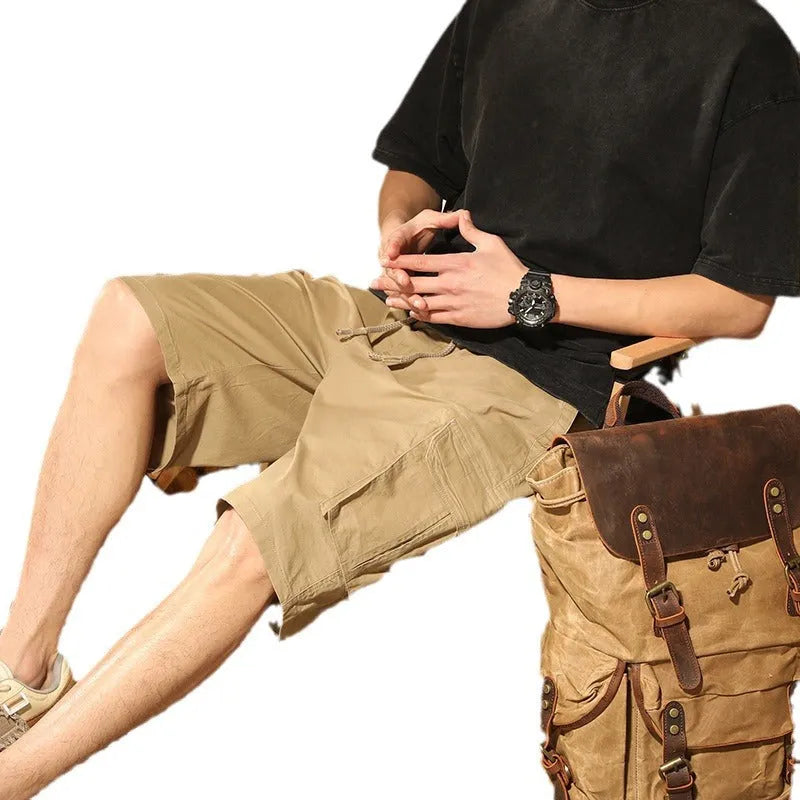 Loose cargo male multi-pocket trousers in Army Green, stretch cotton, fifth-length