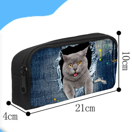 Customised pattern polyester pencil case with zipper closure, 10x21x4cm, large opening, on a flat surface