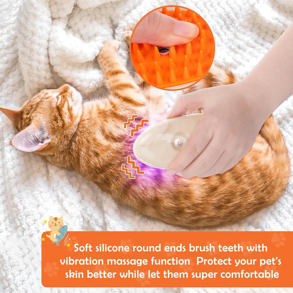 Yellow 4-in-1 USB rechargeable cat steam brush with silicone teeth, water tank, and ringworm detector lamp.