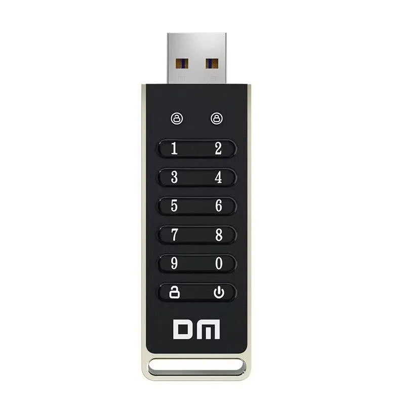 64GB fingerprint encrypted USB flash drive with metal housing showing USB 3.0 connector and digital button