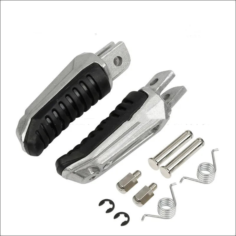 Black aluminium alloy motorcycle footpeg set for Suzuki models including Hayabusa and V-Strom.