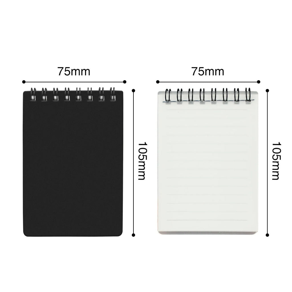 Business intelligence notepad with black and white transparent PP covers, spiral binding, eco-friendly paper, pen, and rag