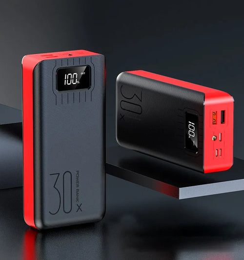 30000 mAh RM-30X power bank with black surface cloth texture and LED LCD display