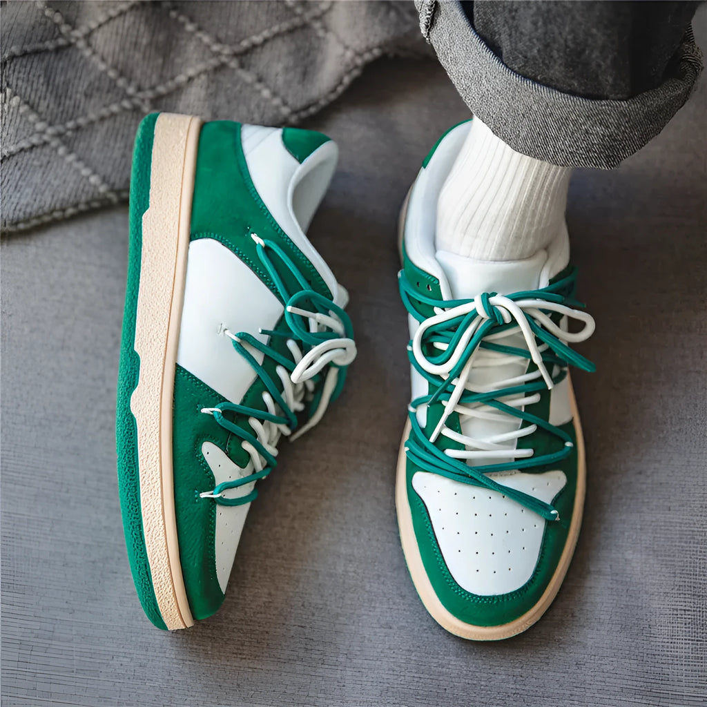 Men's low-top lace-up sneaker in beige with microfiber upper, rubber sole, and round toe design