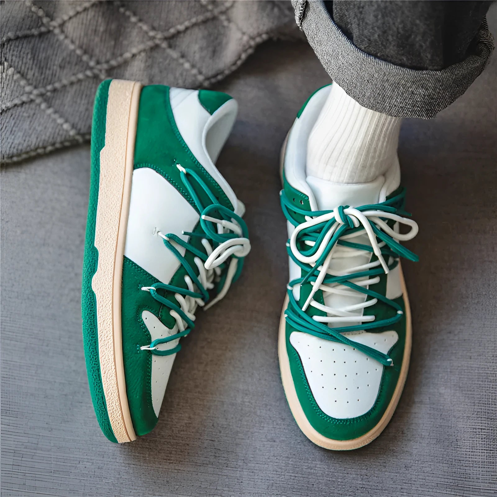 Men's low-top lace-up sneaker in beige with microfiber upper, rubber sole, and round toe design
