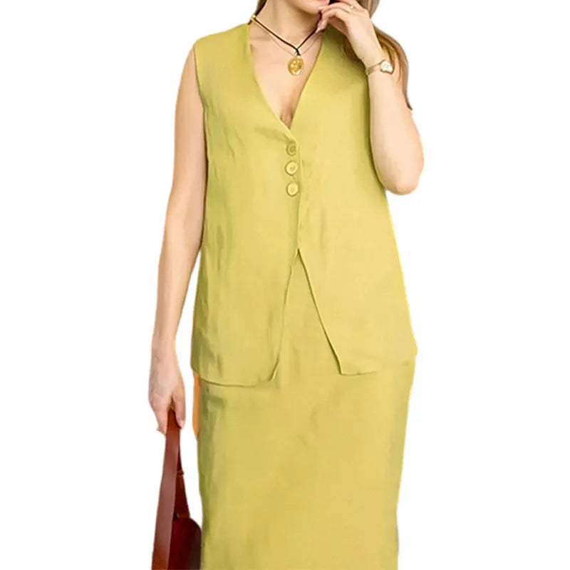 Women's casual two-piece suit set with sleeveless vest and long ankle-length skirt in polyester fabric