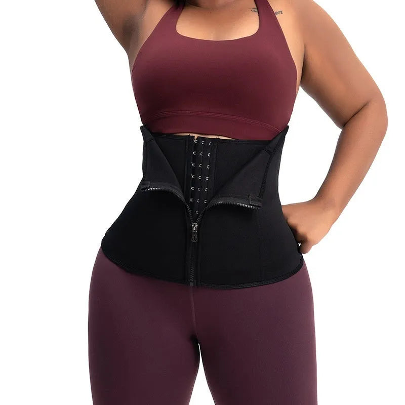 Neoprene waist trainer corset in black with adjustable closure for tummy control during yoga and running