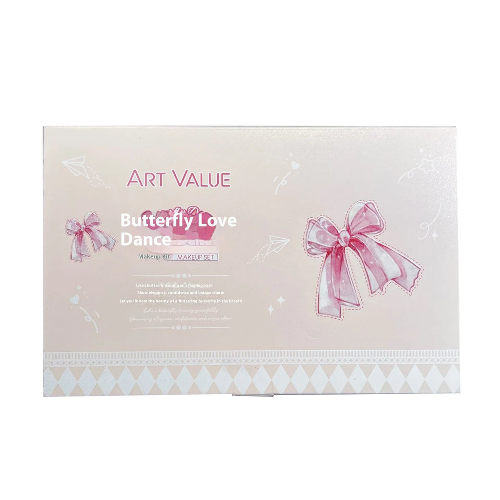 Butterfly Box Suite makeup set with pink lip muds, blush, and necklace