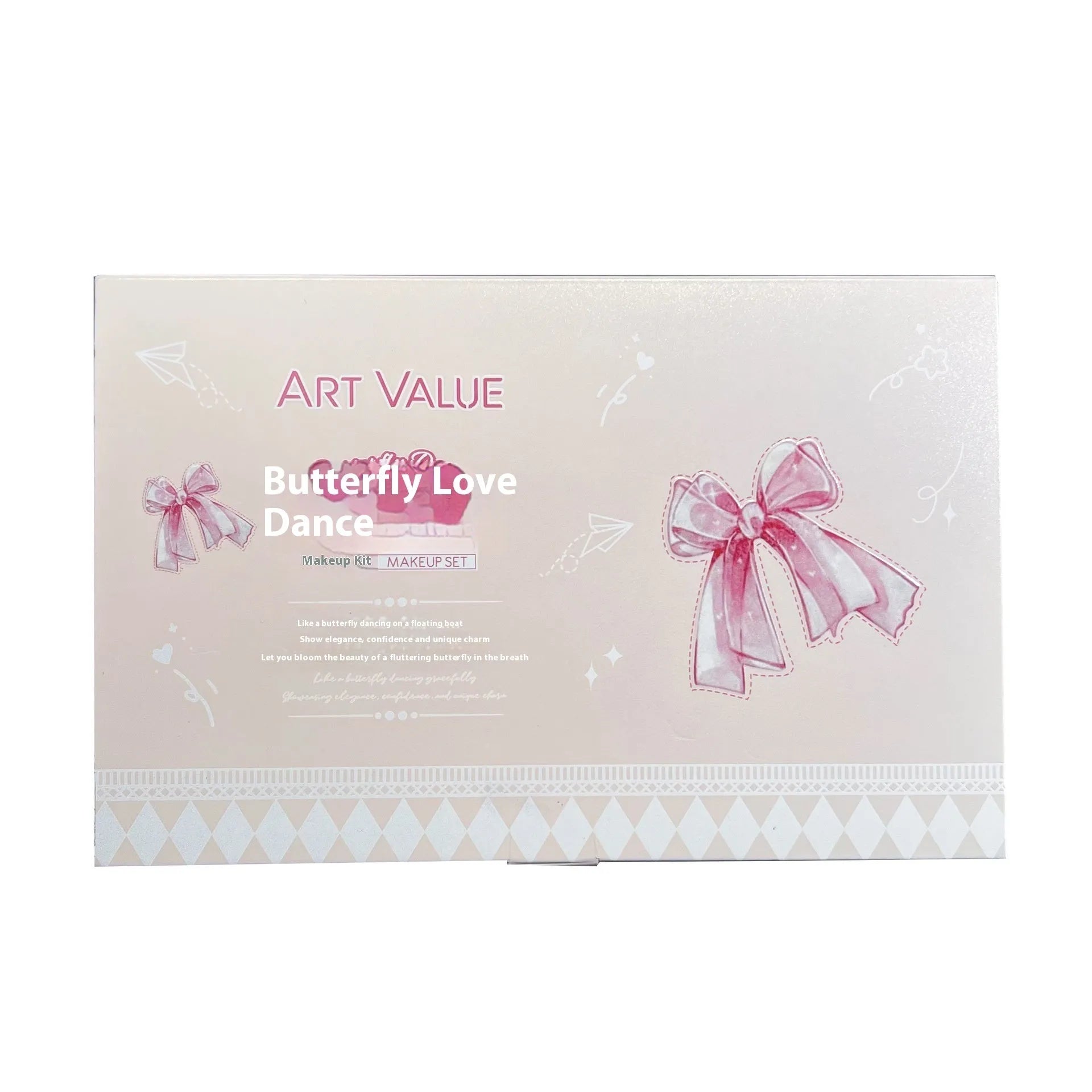 Butterfly Box Suite makeup set with pink lip muds, blush, and necklace