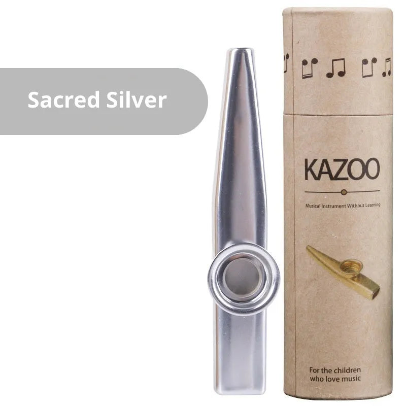 Metal kazoo in Flame Red with paper tube against a white background