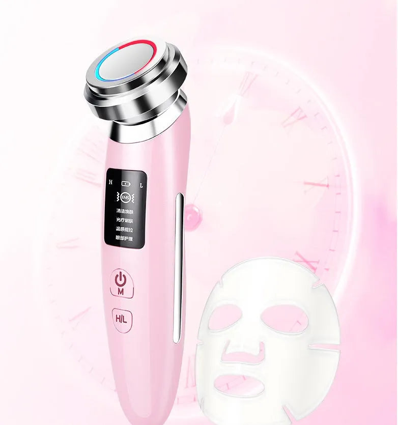 Pink skin rejuvenation cleansing beauty instrument with ion and EMS technology, 185x50x35mm