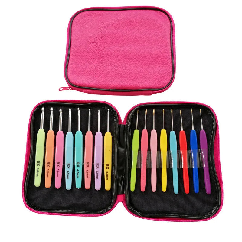 16-piece crochet hook set with soft and hard handles including storage bag