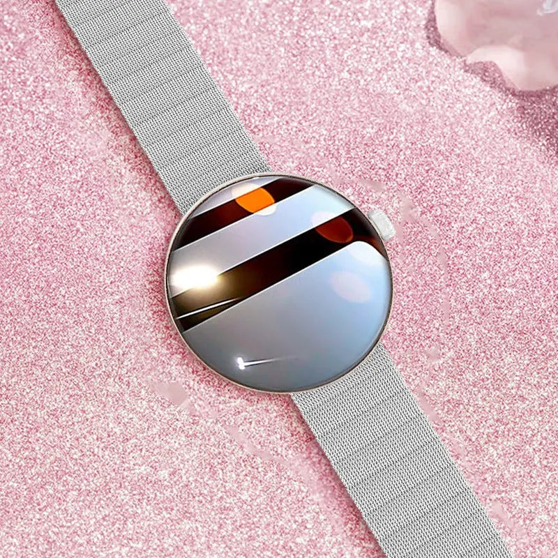 Women's smart watch with circular colour touchscreen and metal wrist strap in black, gold or silver steel