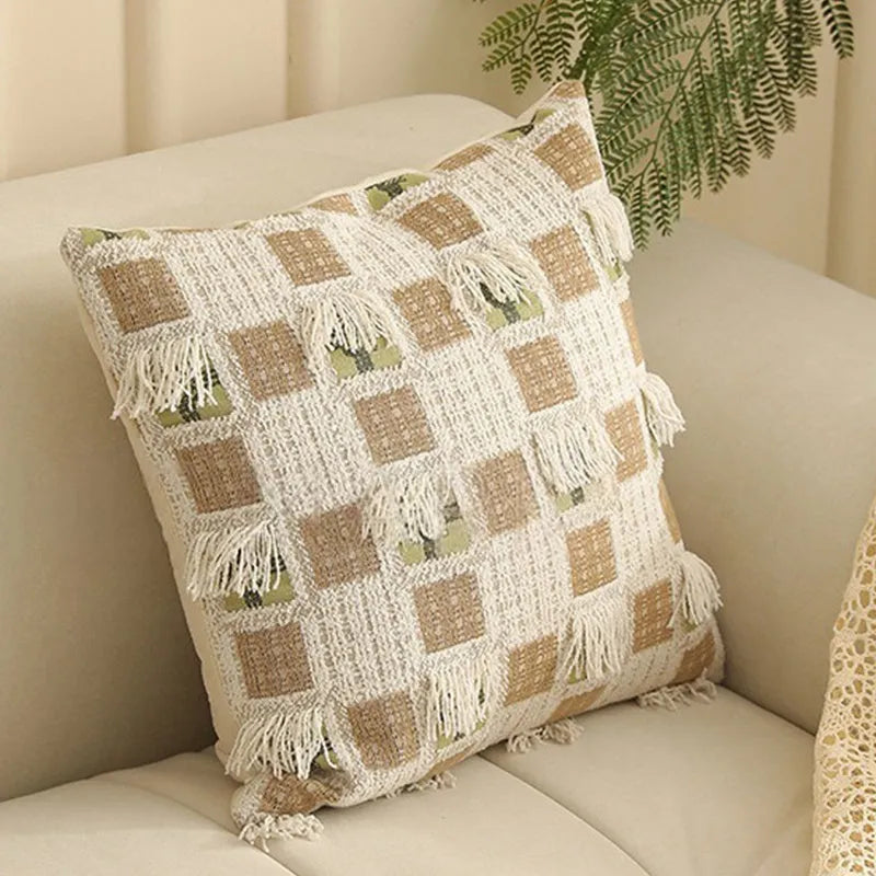 Yarn-dyed jacquard floral pattern cushion cover in 45x45cm size on a grey sofa.