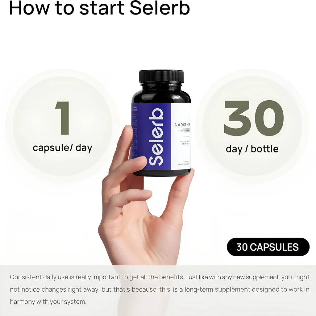 Men's NAD capsule supplement bottle with 30 tablets, extraction process formula