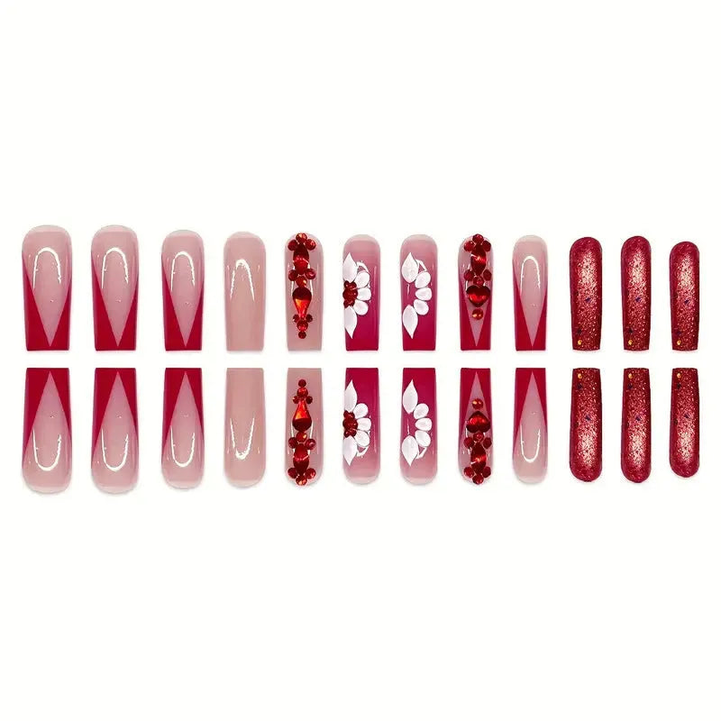 Flower pattern fake nails with red transparent diamond accents in European square long shape