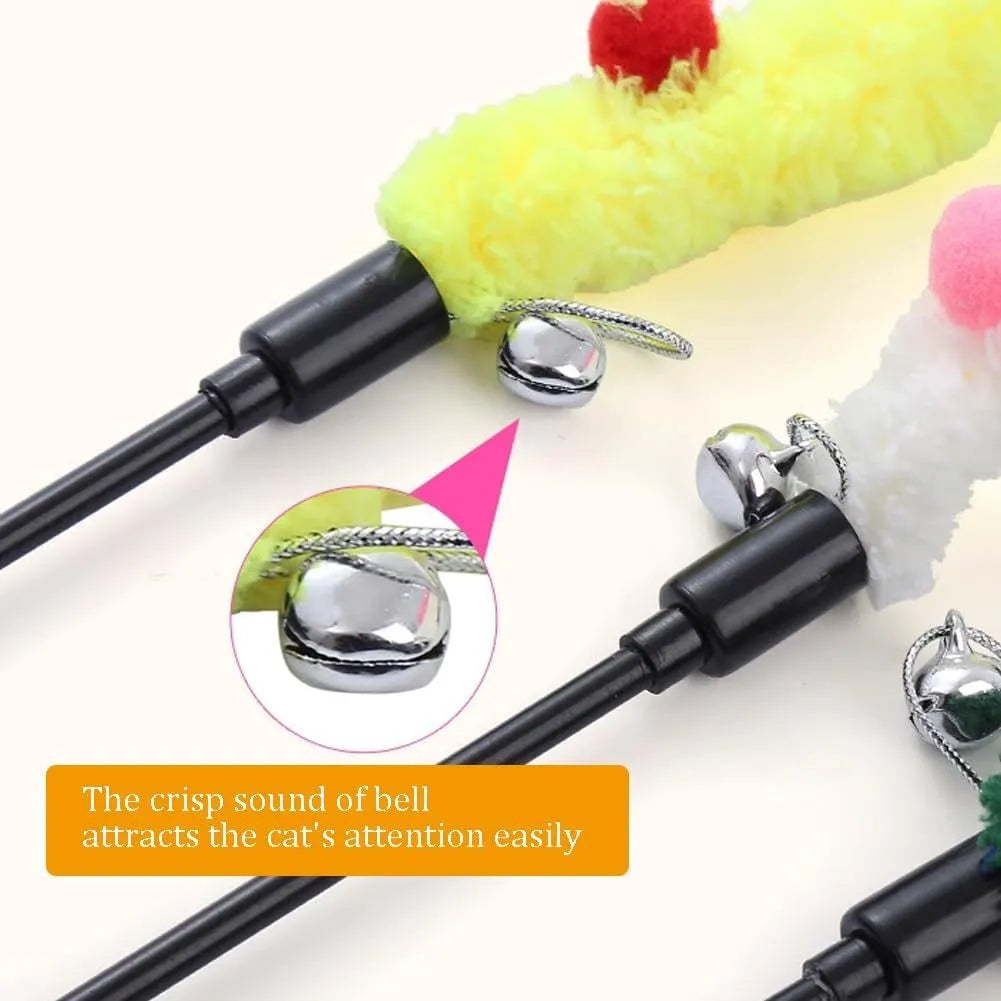 Interactive cat wand toy with colourful plush strip and bell attachment for indoor play