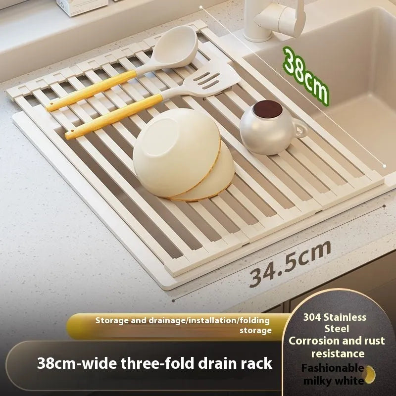 Foldable milky white stainless steel kitchen draining rack shown open and closed, with size options from 32cm to 55cm wide.