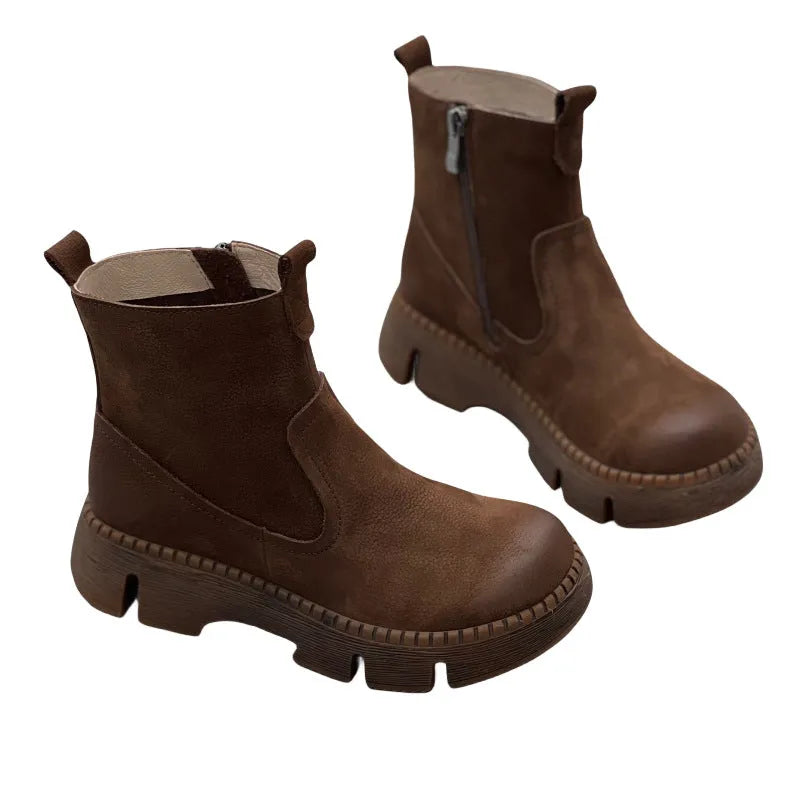 Women's round toe leather boots mid heel mid calf side zipper cowhide pigskin lining rubber sole