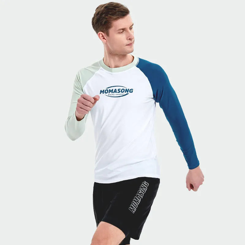 Men's white long-sleeved swimsuit top with colour-matched double-layer swimming trunks