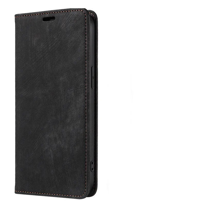 Magnetic flip phone case for iPhone in black, showing TPU frame and leather cover.