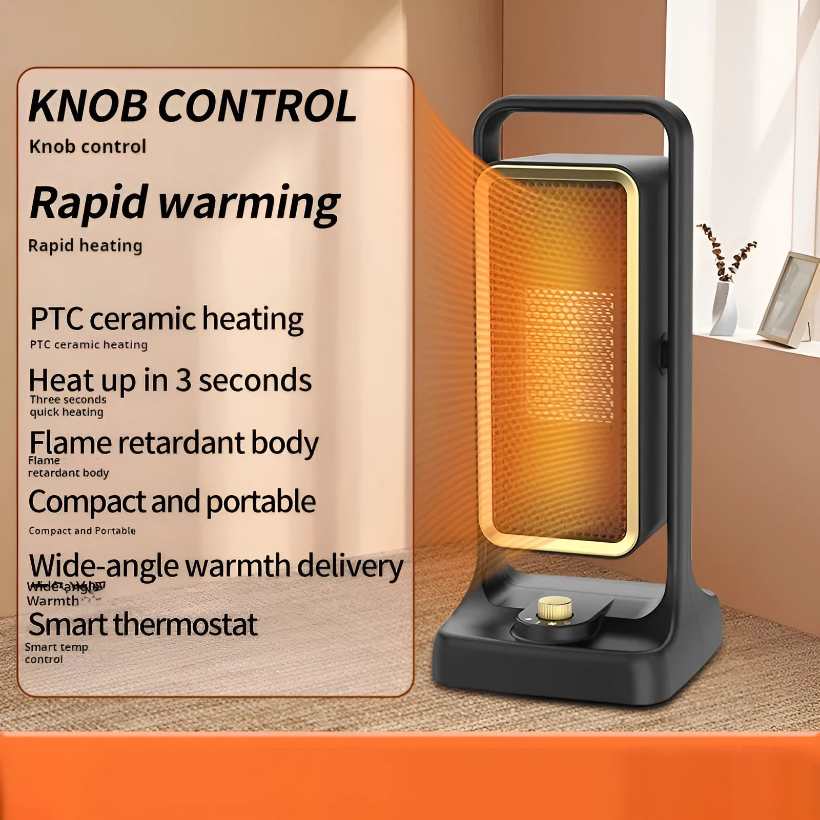 HQ-500A black desktop PTC ceramic heater with knob control, compact size 14.9x11.1x33.5cm.