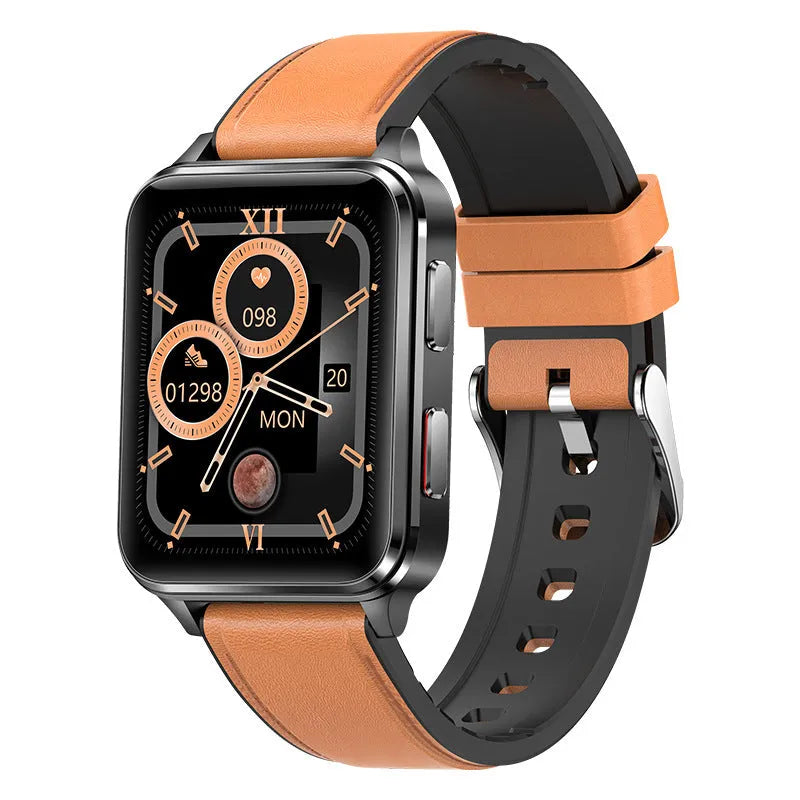 Multi-sport smart watch with blue silicone wristband and 1.7-inch touchscreen displaying heart rate data
