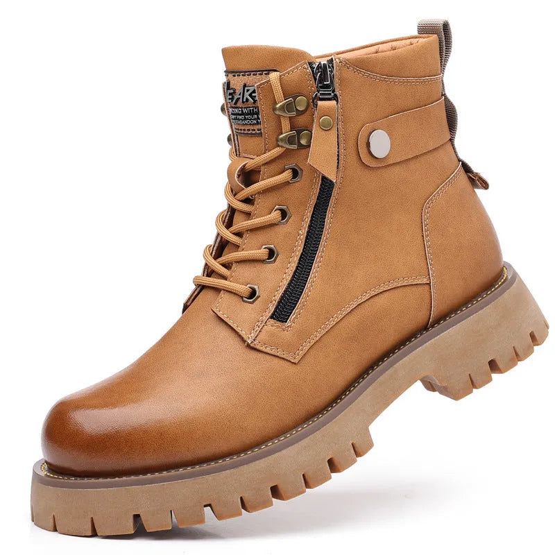 Men's brown leather high-top boots with a side zipper and round toe.