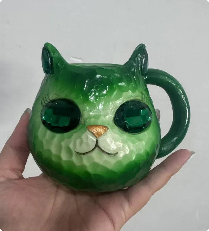 American style resin cat cup decoration in blue, green, pink, or purple colour.