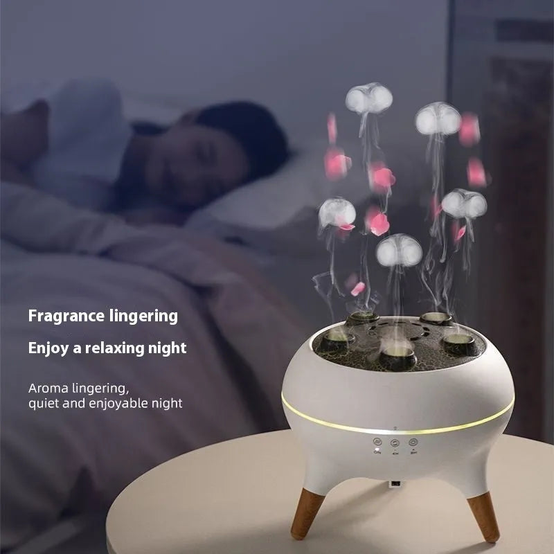 White jellyfish-shaped ultrasonic humidifier and aroma diffuser with remote control and timer on a table