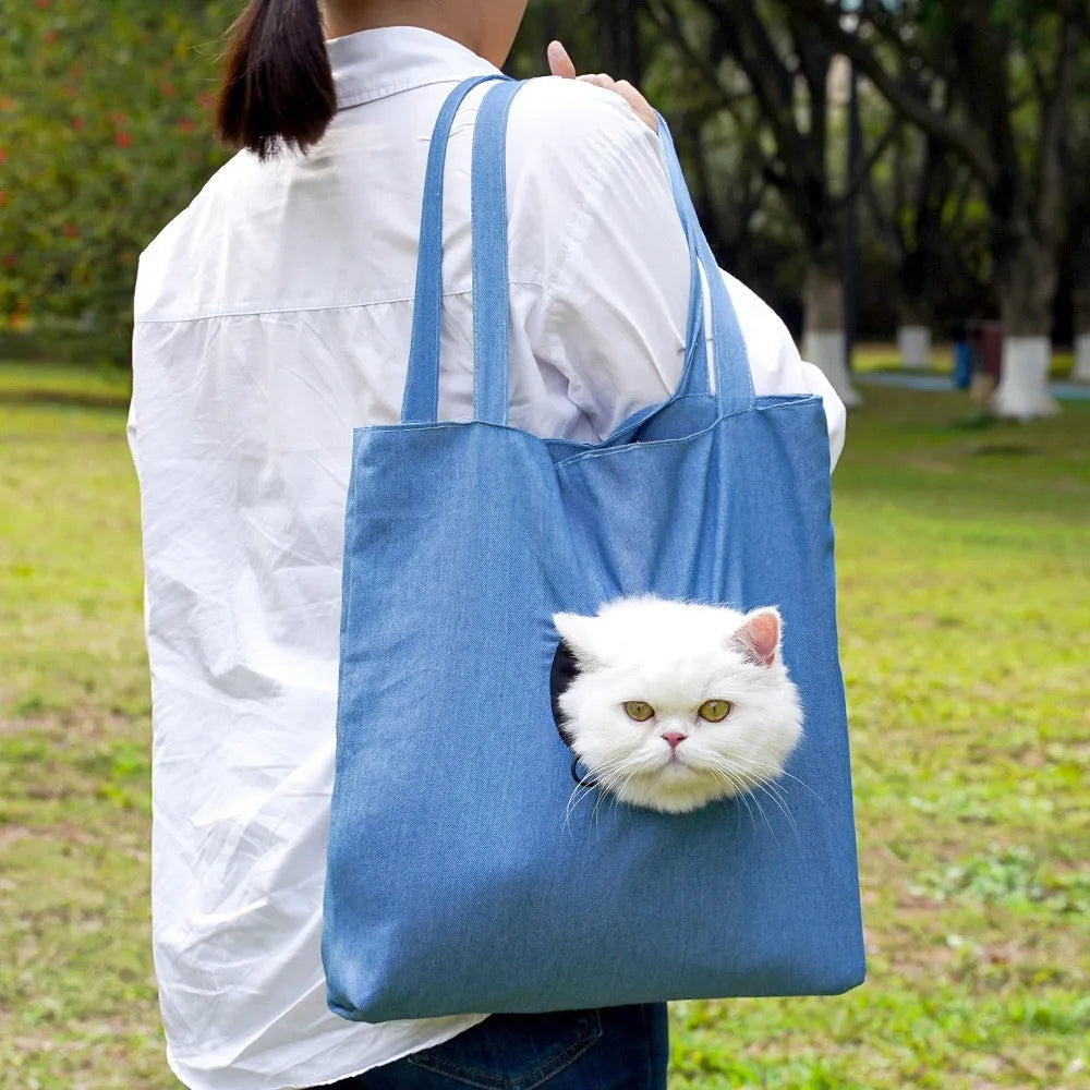 Canvas pet shoulder bag with cartoon pattern for cat or small dog transport