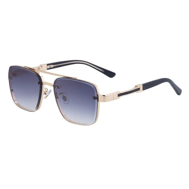 Men's vintage sunglasses with gold frame and gray lenses in European style design.