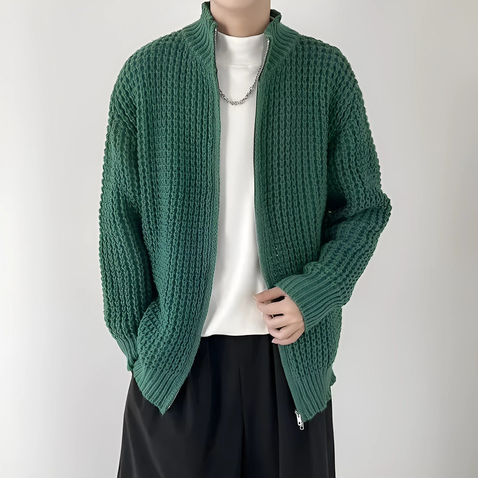 Men's autumn cardigan coat in black with loose fit and rabbit hair blend fabric