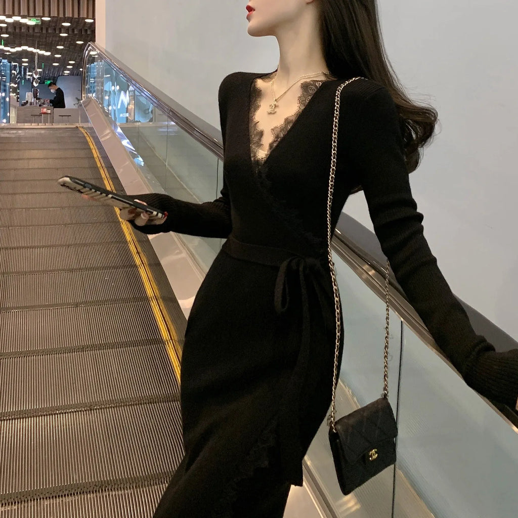 Black slim fit woolen skirt with princess dress silhouette, polyester fabric, free size women's fashion garment