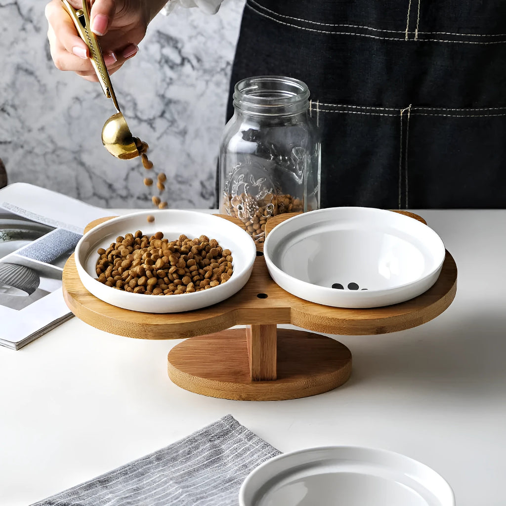 Ceramic cat bowl set on wood base with two bowls, 31.8cm, Grey Cat style