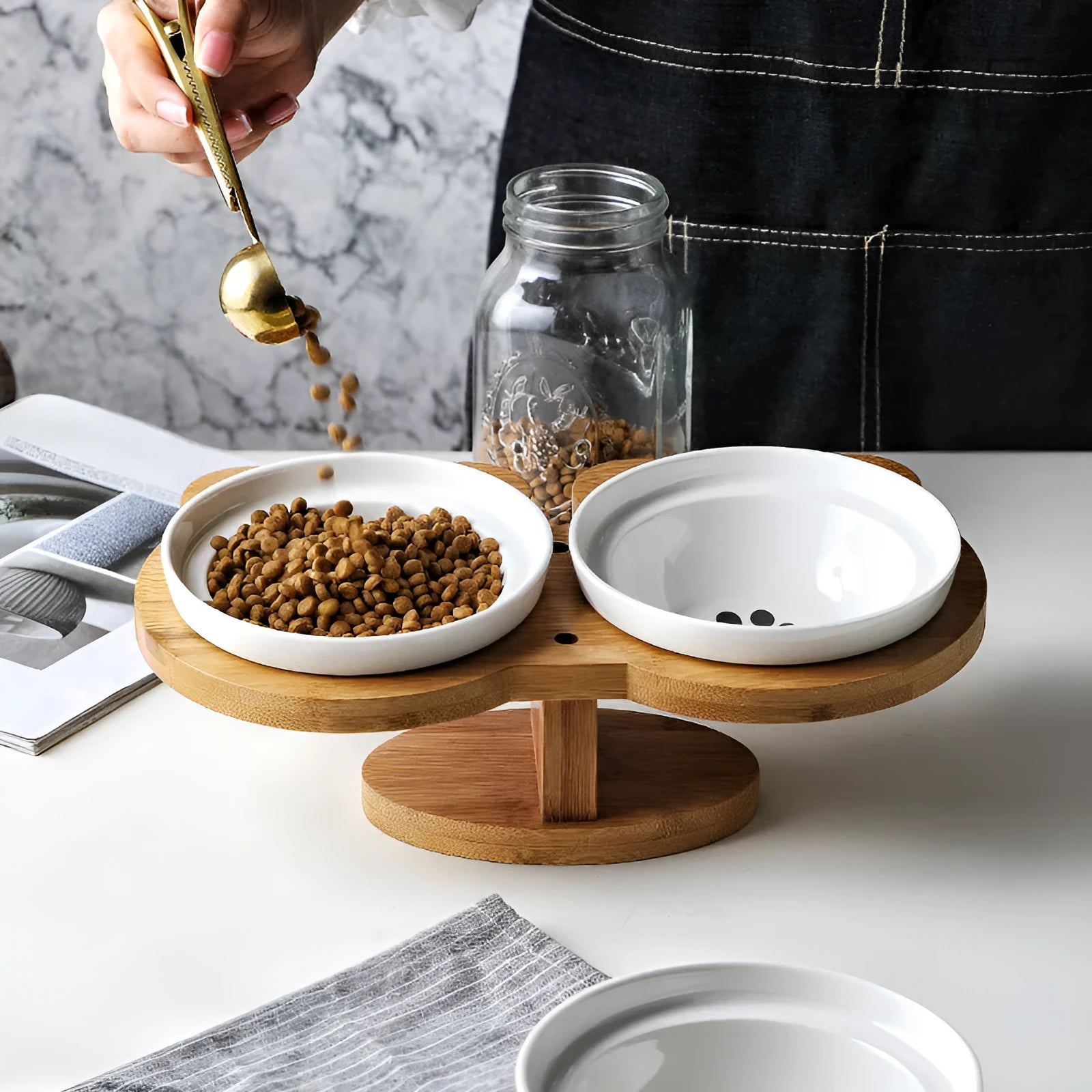 Ceramic cat bowl set on wood base with two bowls, 31.8cm, Grey Cat style