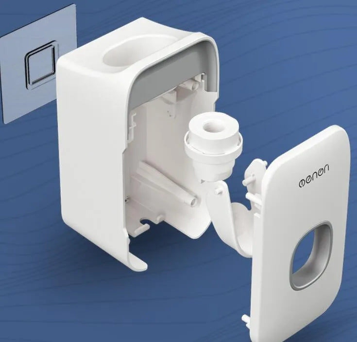 Blue automatic toothpaste dispenser mounted on a bathroom wall with a transparent window showing paste inside.