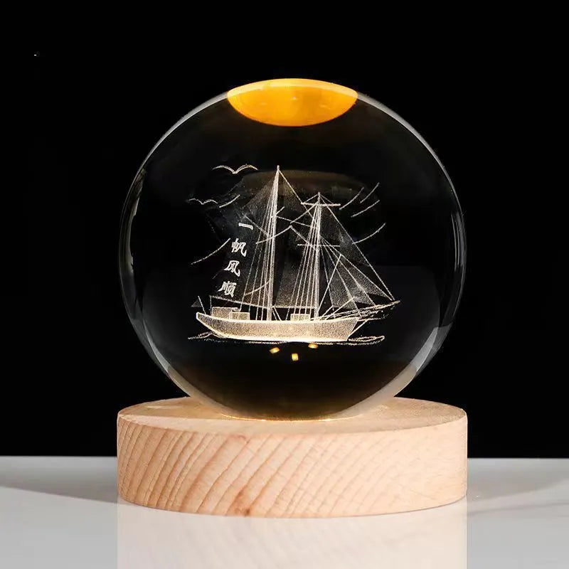 3D crystal ball night lamp with starry sky planets and moon projection on wooden base