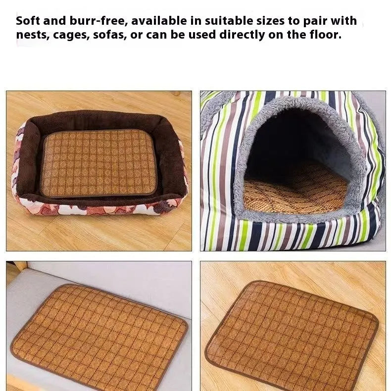 Brown rattan fibre cooling mat for dogs in large size, laid flat on a wooden floor.