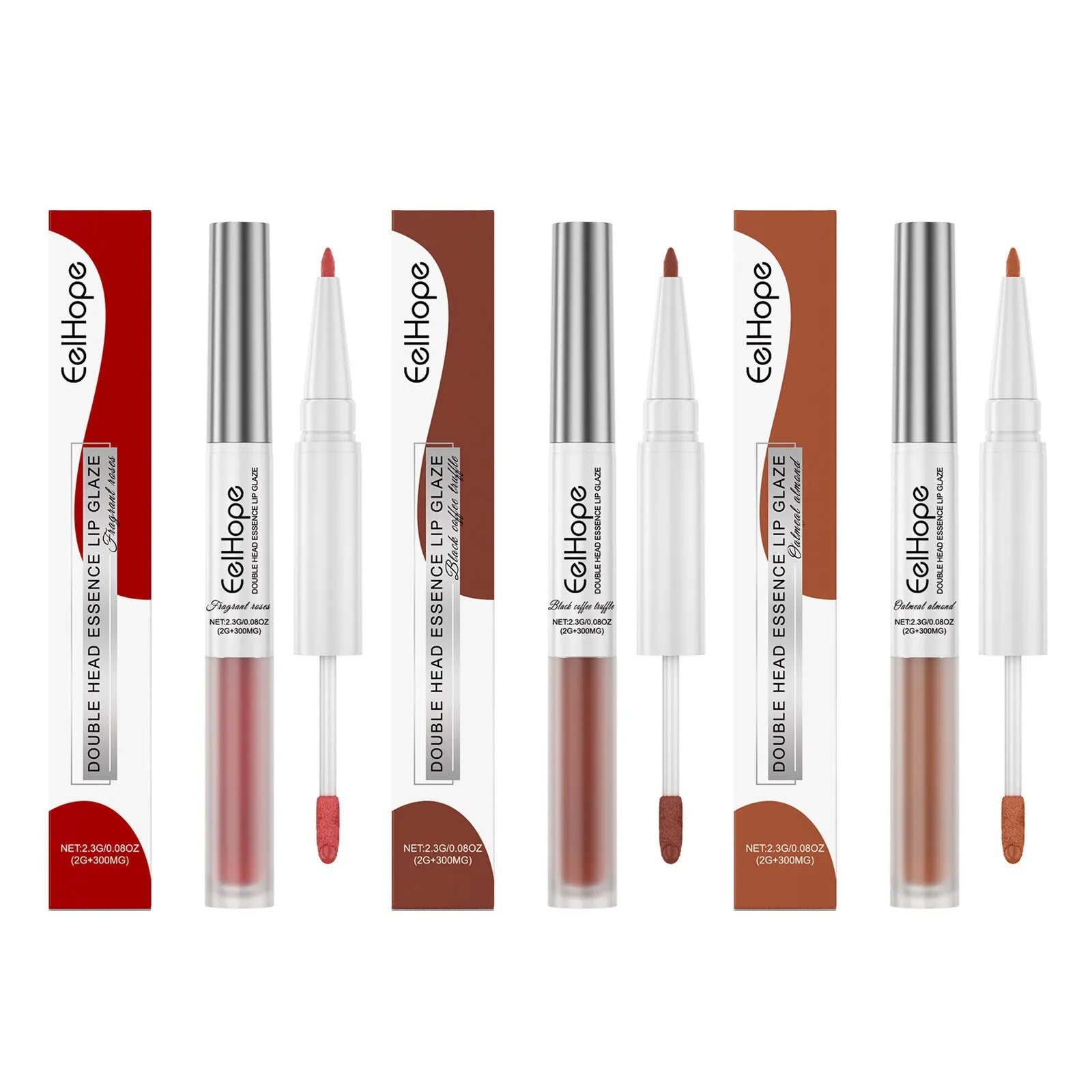 Double-headed retractable lip liner and lip lacquer pen in lipstick-style packaging