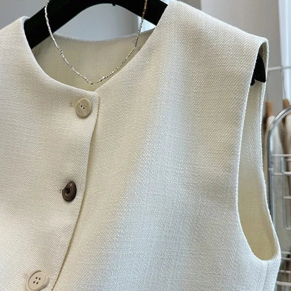 Women's French style bandage vest dress in milky white with round neck and sleeveless design
