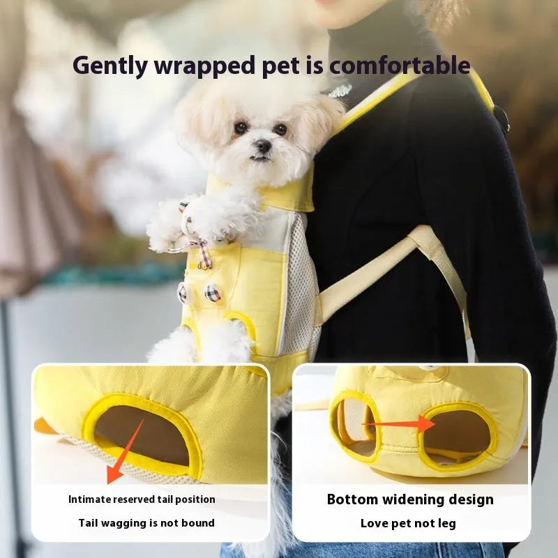 A cartoon-patterned canvas chest bag for pets with adjustable ribbon straps, shown in the Beka Yellow Bear design.